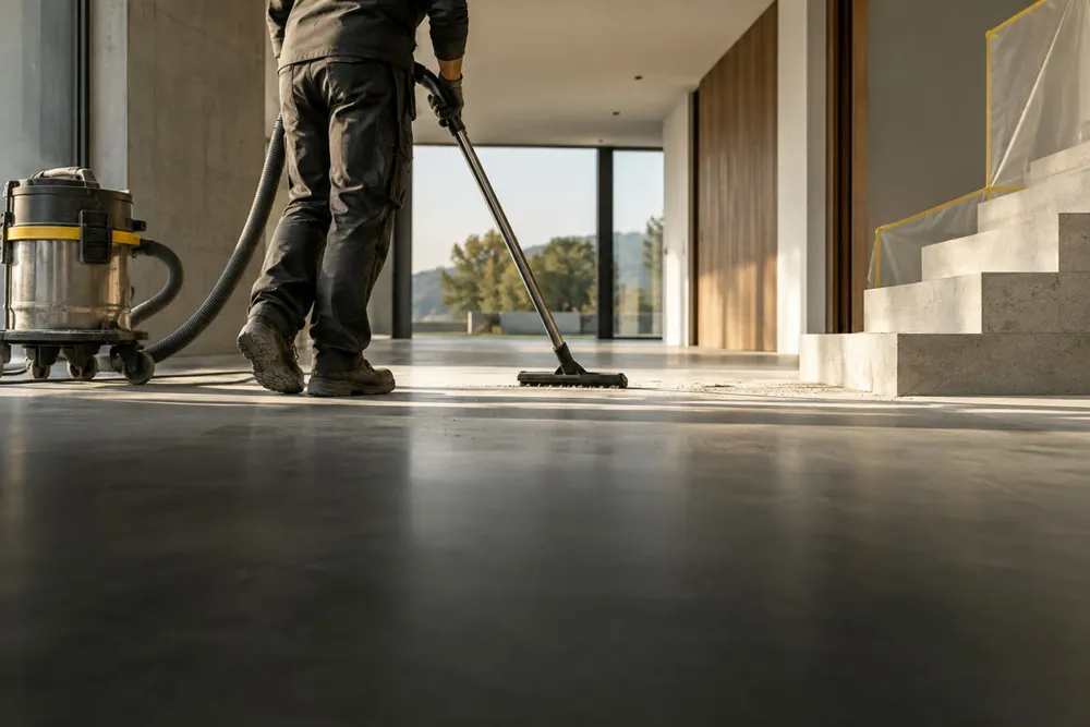 Baureinigung mit Industriesauger in einem Neubau